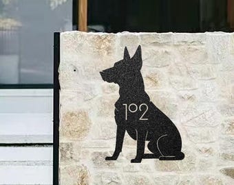 Personalized Belgian Malinois Dog Address Sign, Custom Metal House Number and Name Plaque, Durable Outdoor Yard and Garden Decor, Dog Lovers