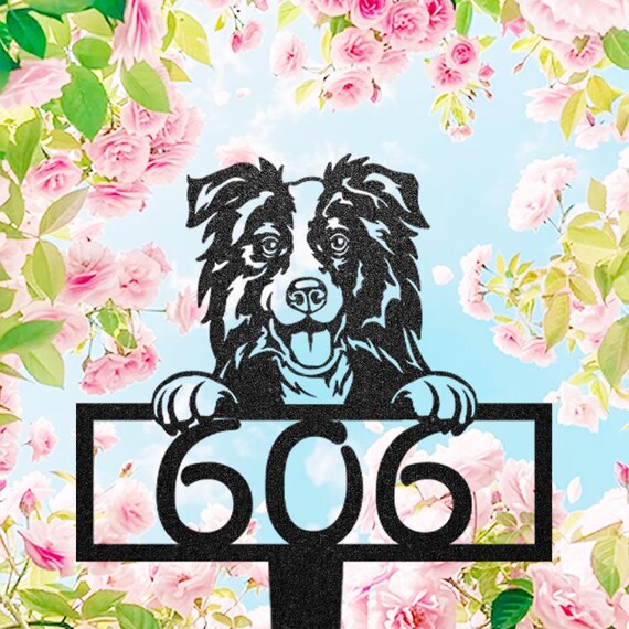 Personalized Border Collie Address Sign: Rustic Metal House Number