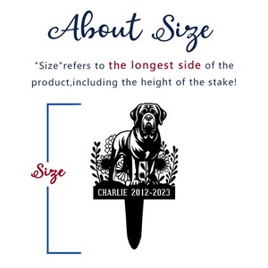 May include: Black metal garden stake with a dog illustration, floral details, and the name "CHARLIE" with the years "2012-2023". The text "About Size" and "Size" are also visible. The stake's size refers to the longest side, including the stake.