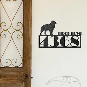 Outdoor Personalized Metal Address Plaque, House Number Sign for Yard or Driveway, Featuring Australian Shepherd Silhouette, Dog Lover Gift