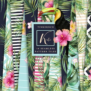 May include: A digital collage of 14 seamless tropical pattern tiles featuring a toucan, hibiscus flowers, palm leaves, and geometric patterns in pink, blue, white, and black.