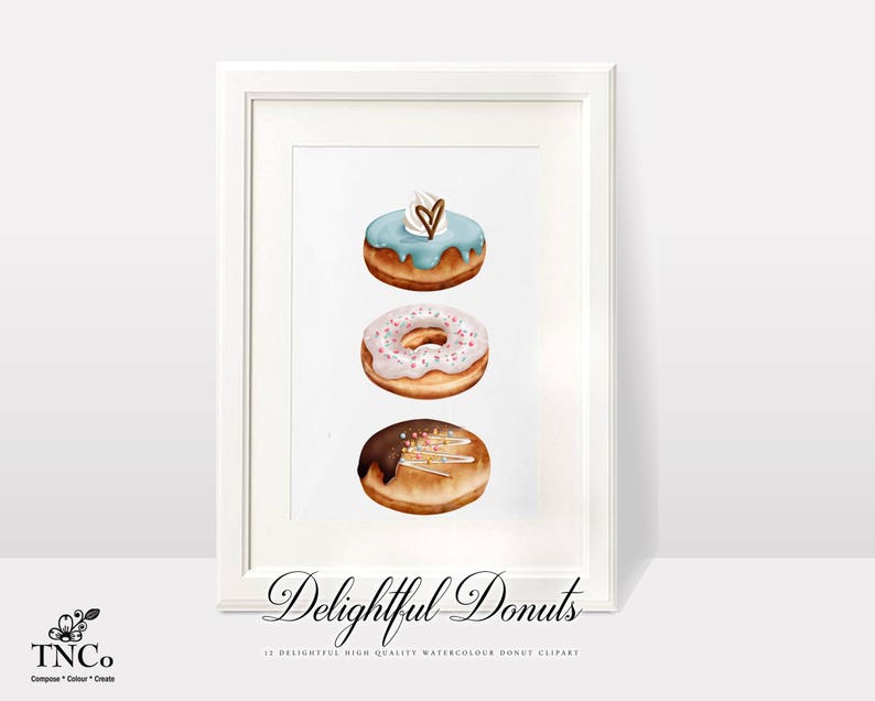 May include: A white frame with a white mount and a white background. The image shows three doughnuts stacked on top of each other. The top doughnut is blue with white icing and a heart-shaped sprinkle. The middle doughnut is pink with white icing and pink sprinkles. The bottom doughnut is brown with chocolate icing and gold sprinkles. The text "Delightful Donuts" is written below the doughnuts.
