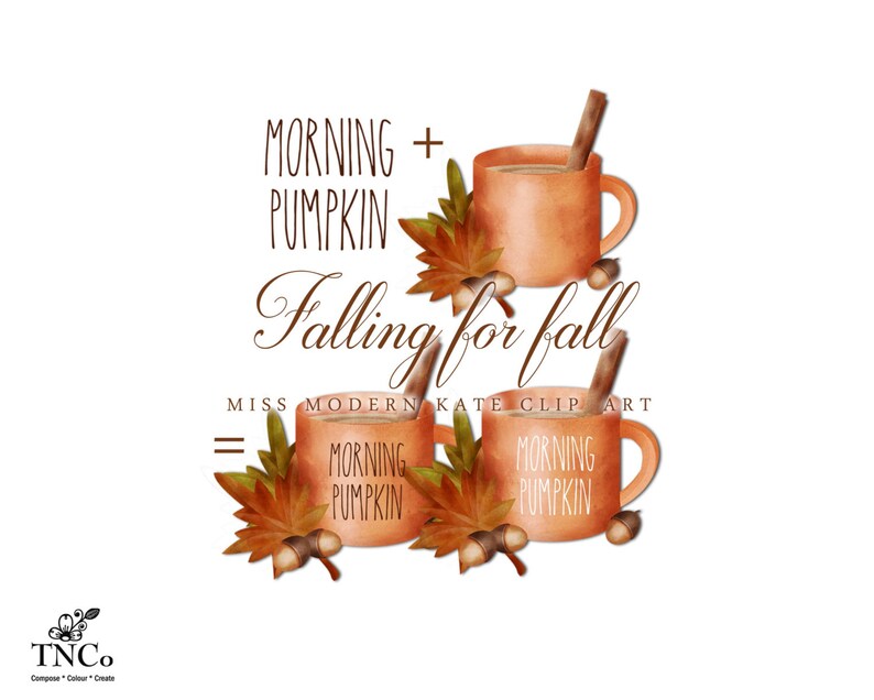 May include: A digital illustration of three mugs with the text "Morning Pumpkin" on them. The mugs are surrounded by fall leaves and acorns. The text "Falling for fall" is written in a decorative font above the mugs.