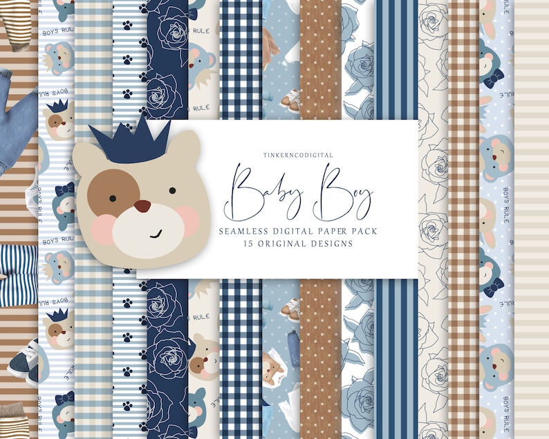 Boy Digital Paper - Bear Background Pattern - Printable Pattern - Plaid ...
