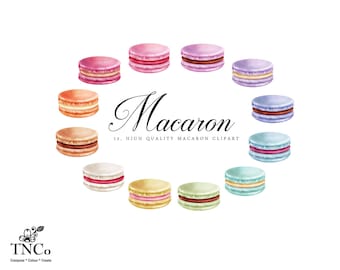 Peut inclure: Douze illustrations à l'aquarelle de macarons de différentes couleurs, dont le rose, la pêche, le jaune, le vert, le bleu et le violet. Les macarons sont disposés en cercle avec le texte "Macaron 12 High Quality Macaron Clipart" au centre.