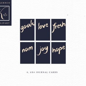 Pode incluir: Seis cart&otilde;es de di&aacute;rio imprim&iacute;veis com fundo azul escuro e texto branco. As palavras nos cart&otilde;es s&atilde;o "goals", "love", "fresh", "nom", "joy" e "hope".