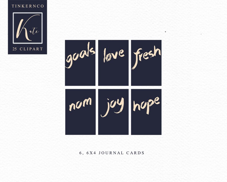 Pode incluir: Seis cart&otilde;es de di&aacute;rio imprim&iacute;veis com fundo azul escuro e texto branco. As palavras nos cart&otilde;es s&atilde;o "goals", "love", "fresh", "nom", "joy" e "hope".