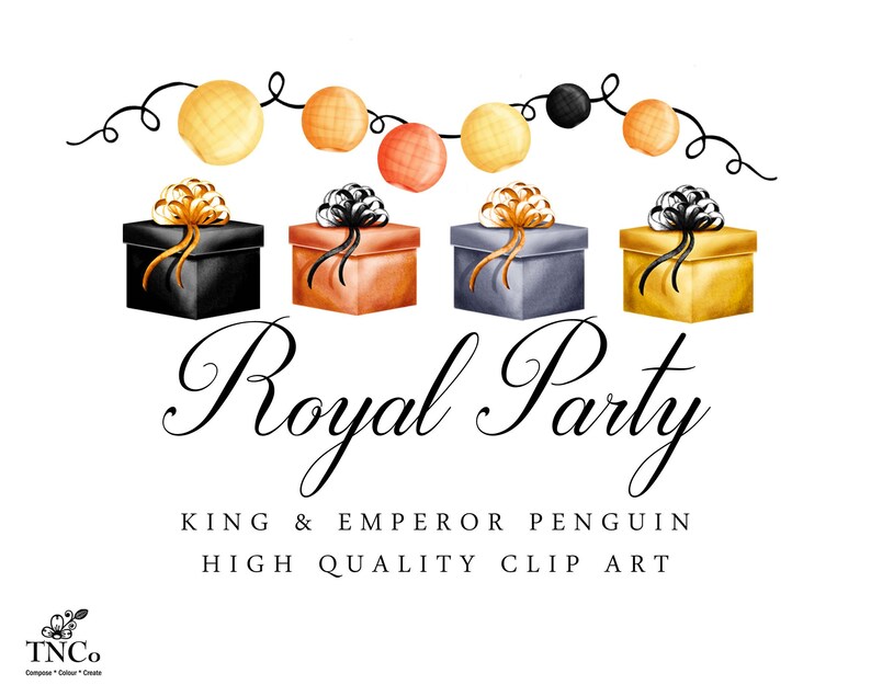 May include: Four gift boxes with gold, black, orange, and blue ribbon bows. The boxes are decorated with a garland of orange and yellow balls and a black ball. The text "Royal Party" is written below the boxes. The text "King & Emperor Penguin High Quality Clip Art" is written below the text "Royal Party".