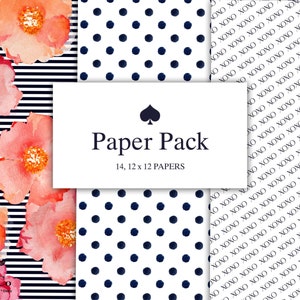 May include: A digital paper pack with 14 different designs. The designs include a white background with navy blue polka dots, a white background with black "XOXO" text, and a black and white striped background with pink watercolor flowers. The text "Paper Pack" and "14, 12 x 12 PAPERS" is included in the image.