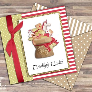 May include: A Christmas card with a red ribbon and a gold glitter border. The card features a cartoon illustration of a Santa sack filled with gifts, including a unicorn, a teddy bear, and candy canes. The text "Joy" is written on the sack. The card has two checkboxes, one labelled "Naughty" and the other labelled "Nice".
