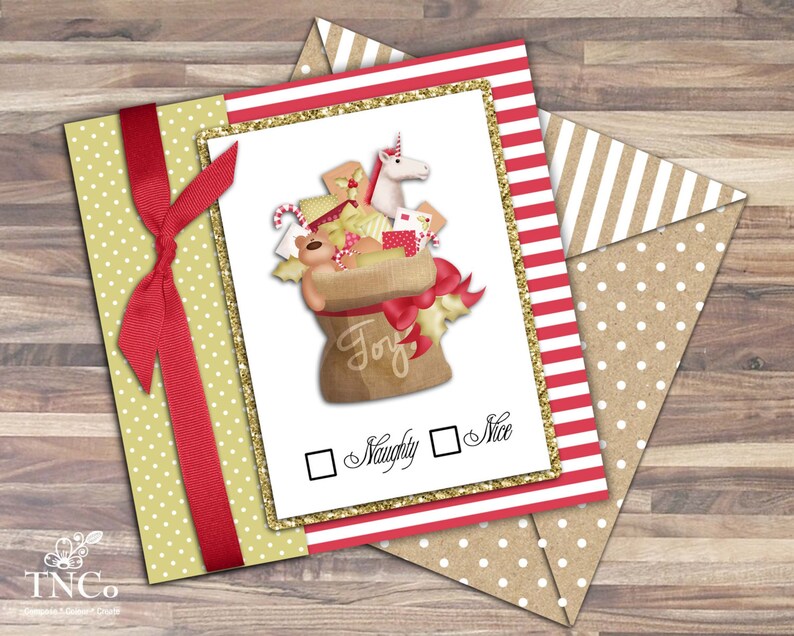 May include: A Christmas card with a red ribbon and a gold glitter border. The card features a cartoon illustration of a Santa sack filled with gifts, including a unicorn, a teddy bear, and candy canes. The text "Joy" is written on the sack. The card has two checkboxes, one labelled "Naughty" and the other labelled "Nice".