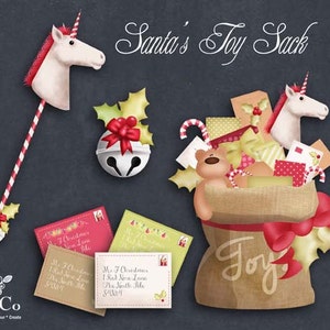 May include: A brown burlap sack with a red ribbon and the word "Joy" printed on it. The sack is filled with wrapped gifts, a teddy bear, candy canes, and a white unicorn toy. The image also includes a white unicorn toy on a stick, a bell with a red bow, and three envelopes with handwritten addresses.