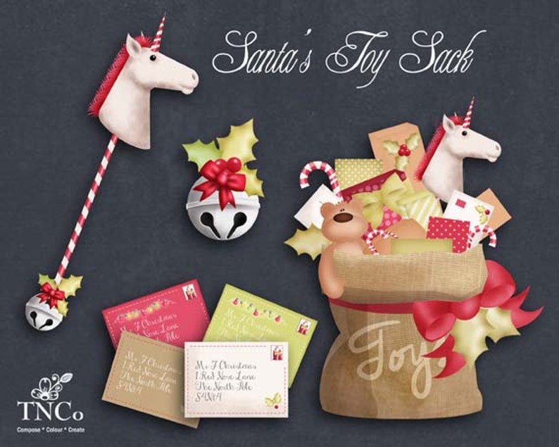 May include: A brown burlap sack with a red ribbon and the word "Joy" printed on it. The sack is filled with wrapped gifts, a teddy bear, candy canes, and a white unicorn toy. The image also includes a white unicorn toy on a stick, a bell with a red bow, and three envelopes with handwritten addresses.