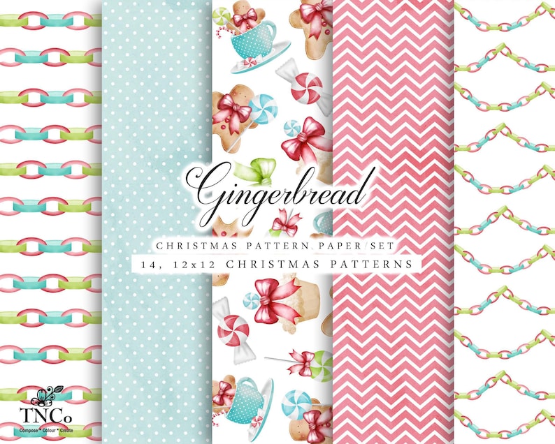 May include: A set of 14 digital paper patterns featuring gingerbread men, candy canes, bows, and teacups. The patterns are in a variety of colors, including red, green, blue, and white. The patterns are perfect for scrapbooking, card making, and other craft projects.