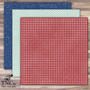 May include: Three patterned paper sheets. The top sheet is a dark blue with white dots. The middle sheet is a light green with white stripes. The bottom sheet is a red plaid with white lines.