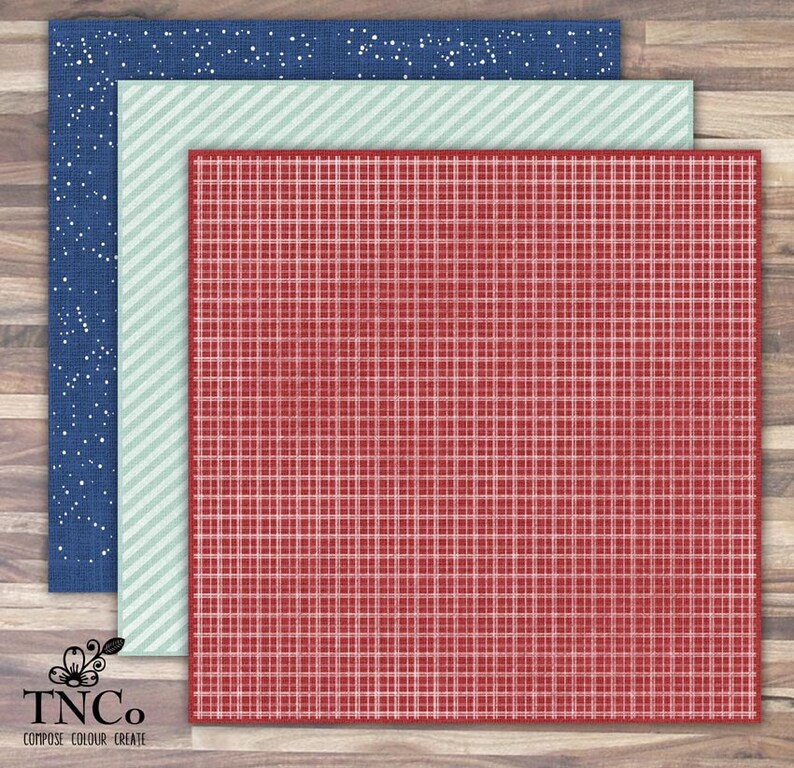 May include: Three patterned paper sheets. The top sheet is a dark blue with white dots. The middle sheet is a light green with white stripes. The bottom sheet is a red plaid with white lines.