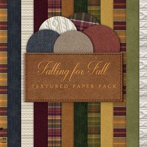 May include: A digital paper pack with a variety of textures, including plaid, denim, cable knit, and stripes. The pack is titled "Falling for Fall" and features a brown leather background.