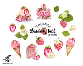 Strawberry clip art - Watercolour strawberries - Invitation clip art - Commercial use clip art - Fruit graphics - flower Illustration - TNCo