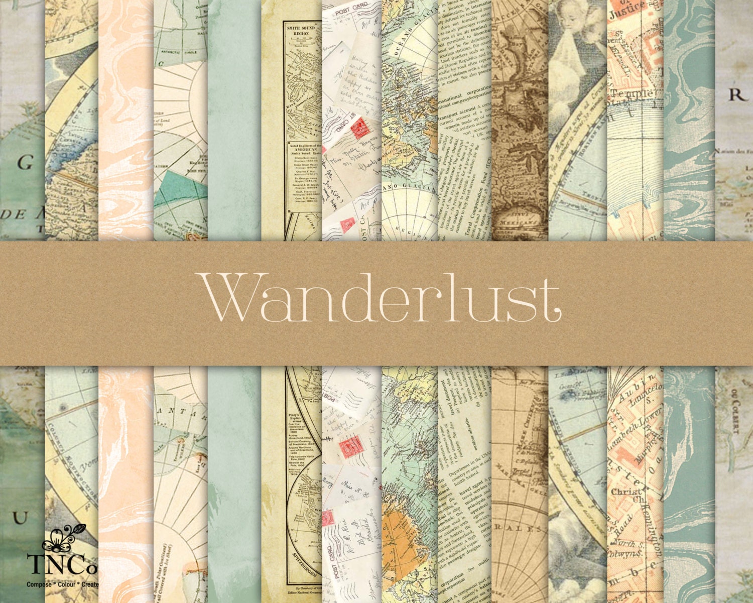 Souvenir Travel Digital Scrapbooking Kit, Vintage Summer, Holiday,  Vacation, Digital Papers, Old Maps, Personal Use 