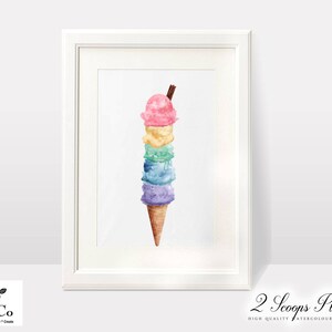 May include: A framed watercolor print of a towering ice cream cone with six colorful scoops: pink, yellow, green, blue, and purple. The cone is a light brown color. The print is in a white frame, with the text "2 Scoops Please".