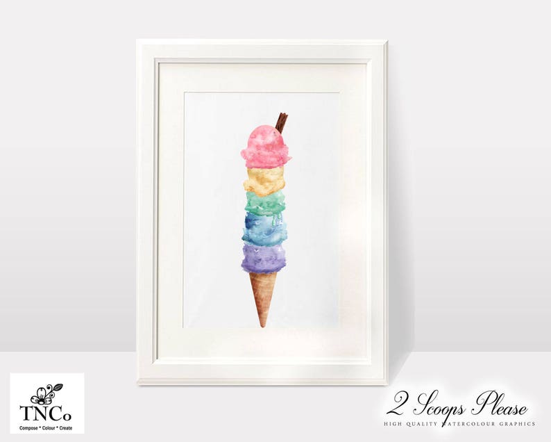 May include: A framed watercolor print of a towering ice cream cone with six colorful scoops: pink, yellow, green, blue, and purple. The cone is a light brown color. The print is in a white frame, with the text "2 Scoops Please".