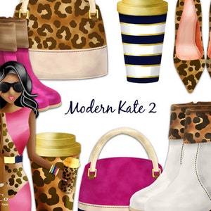 May include: A digital illustration of a woman wearing a pink and brown dress, sunglasses, and bracelets. She is holding a brown and black leopard print handbag. The image also includes a pink handbag, a white and blue striped coffee cup, a white boot with a brown and black leopard print cuff, and a brown and black leopard print handbag.