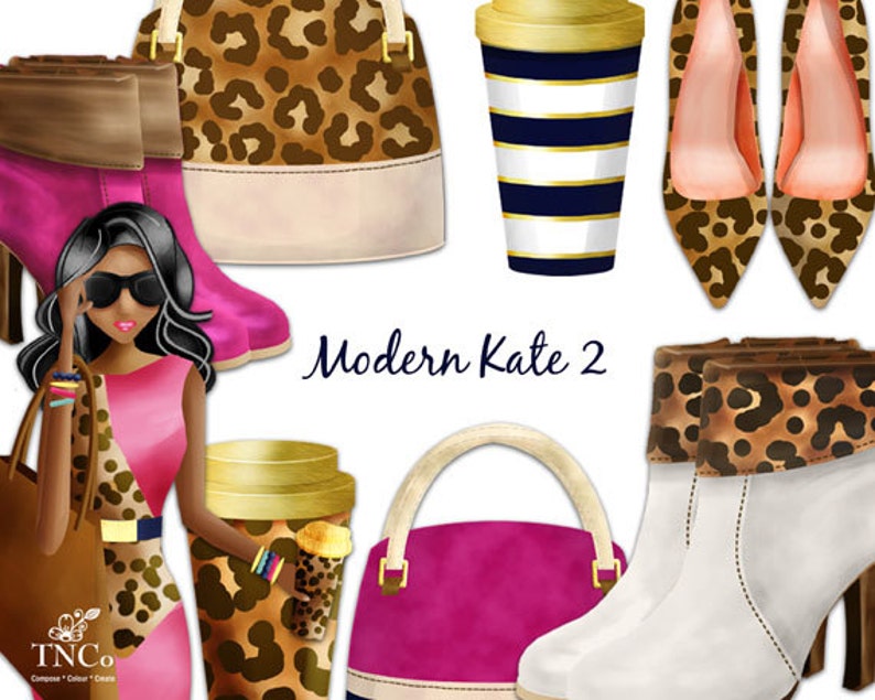 May include: A digital illustration of a woman wearing a pink and brown dress, sunglasses, and bracelets. She is holding a brown and black leopard print handbag. The image also includes a pink handbag, a white and blue striped coffee cup, a white boot with a brown and black leopard print cuff, and a brown and black leopard print handbag.