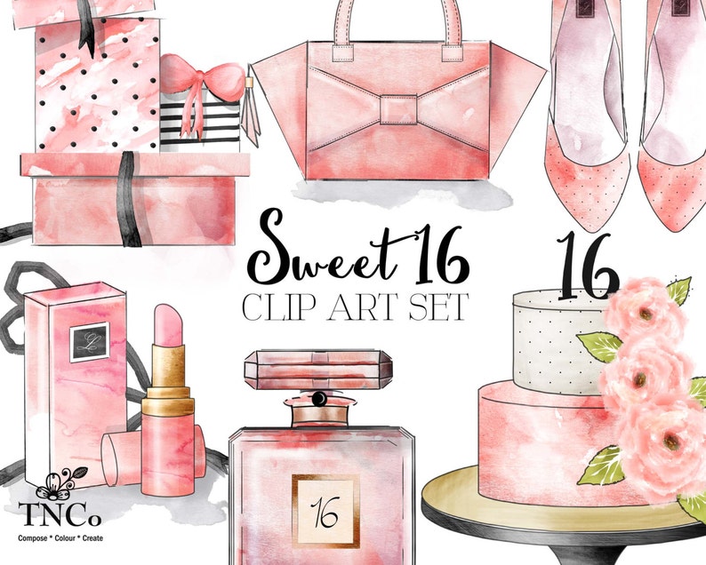 Sweet 16 Clip Art Pretty Pink Girly Clip Art Watercolor | Etsy