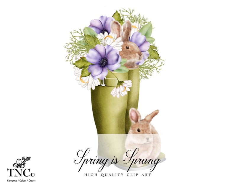 May include: A green rain boot with a bouquet of purple and white flowers and two brown bunnies. The text "Spring is Sprung" is written below the boot. High quality clip art.