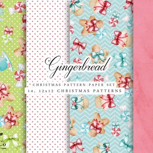 May include: A set of four digital paper patterns featuring gingerbread men, candy canes, bows, and polka dots. The patterns are in shades of green, pink, blue, and white. The text "Gingerbread" is written in a decorative font. The text "Christmas Pattern Paper Set" and "14, 12x12 Christmas Patterns" is also included.