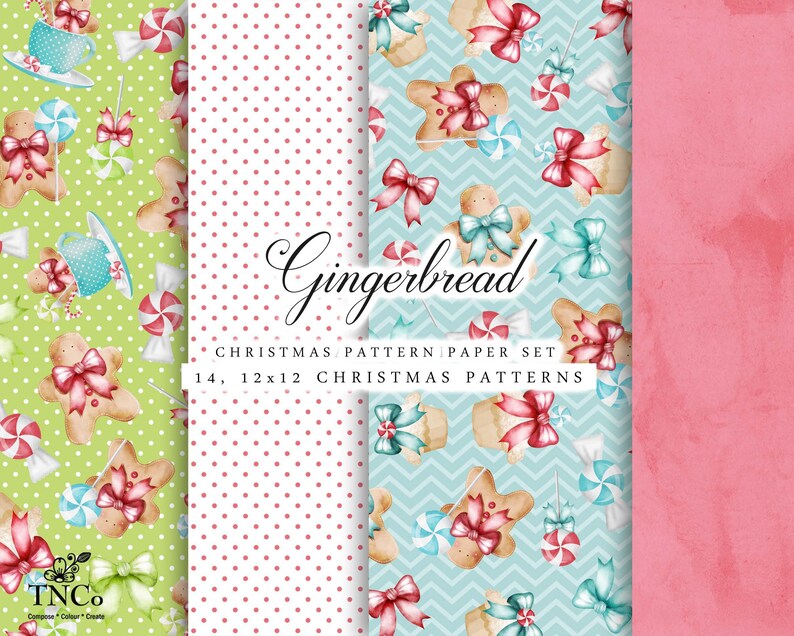 May include: A set of four digital paper patterns featuring gingerbread men, candy canes, bows, and polka dots. The patterns are in shades of green, pink, blue, and white. The text "Gingerbread" is written in a decorative font. The text "Christmas Pattern Paper Set" and "14, 12x12 Christmas Patterns" is also included.
