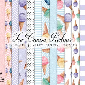 May include: A collection of 14 high-quality digital papers with an ice cream parlor theme. The papers feature watercolor illustrations of ice cream cones in various colors, along with striped, polka dot, and chevron patterns in pastel colors.
