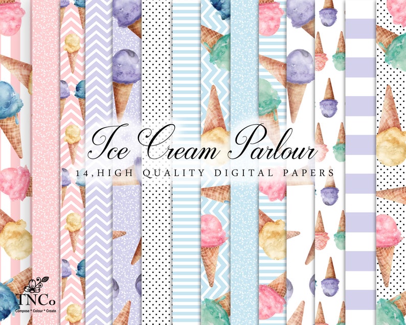 May include: A collection of 14 high-quality digital papers with an ice cream parlor theme. The papers feature watercolor illustrations of ice cream cones in various colors, along with striped, polka dot, and chevron patterns in pastel colors.