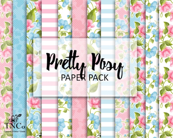 DIgital floral paper pack, printable papers for commercial projects, Floral patterns for wedding invitations, Pink and blue stripe patterns.