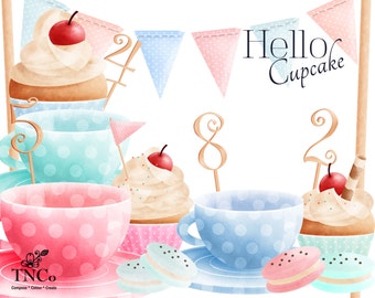 Watercolor clip art - Teacup clip art - Watercolour cupcakes - Bunting clip art - Commerical use tea party clip art - Blue polka dot tea cup