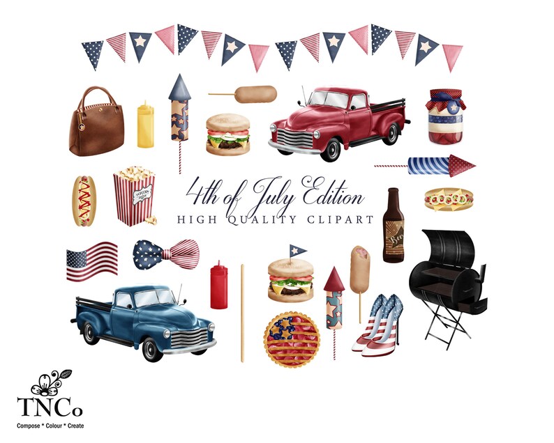 Clipart del día de la independencia - Clipart del 4 de julio - Firework Clipart - BBQ Clipart - Gráficos de uso comercial - America Clipart - Chevy art - TNCo imagen 1