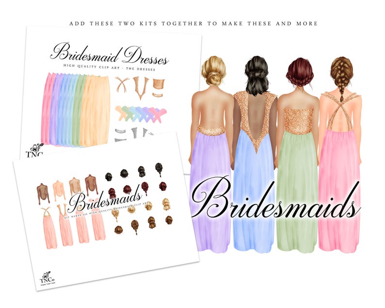 16 Bridesmaid Proposal Printable Wedding Clipart Prom Commercial Use Clip art TNCo Bridesmaid Clipart Bridesmaids dresses pink