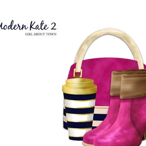 May include: A pink handbag with a cream-colored handle, a pair of pink heeled boots with brown cuffs, and a striped to-go cup with a gold lid. The text "Modern Kate 2 Girl About Town" is visible above the handbag.