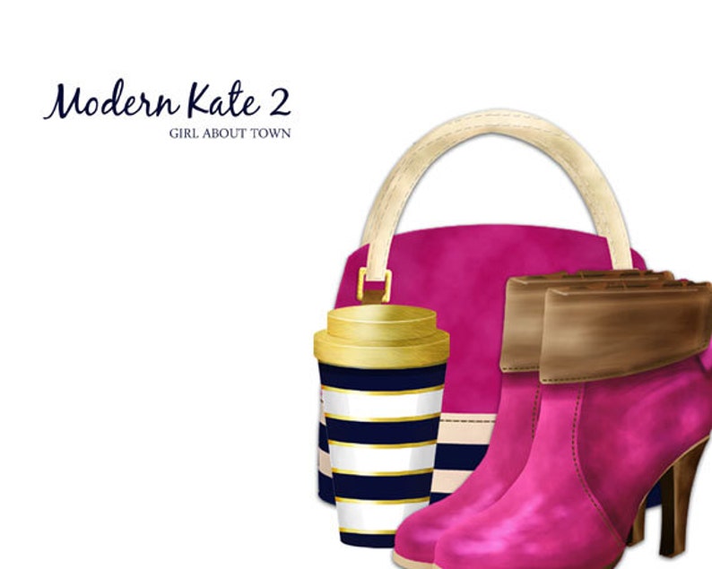 May include: A pink handbag with a cream-colored handle, a pair of pink heeled boots with brown cuffs, and a striped to-go cup with a gold lid. The text "Modern Kate 2 Girl About Town" is visible above the handbag.