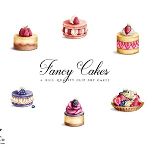 Puede incluir: Seis ilustraciones de acuarela de diferentes pasteles con diferentes coberturas, incluyendo bayas, crema batida y chocolate. Los pasteles están todos sobre un fondo blanco y el texto "Fancy Cakes" está escrito en cursiva negra sobre los pasteles. El texto "6 High Quality Clip Art Cakes" está escrito en negro debajo de los pasteles.