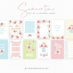 May include: Set of 12 printable journal cards with floral designs and summer-themed quotes. The cards feature a variety of colors, including pink, blue, green, and yellow. The quotes include "Live a creative life", "Always Thankful", "Live your best life", "Summer Showers", "Joyful", "Celebrating the little things", "Bloom & Grow".