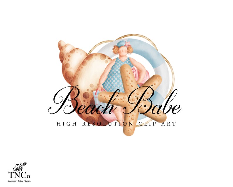 Op de afbeelding: Een digitale illustratie van een cartoonmeisje dat een blauw-witte jurk en een roze hoed draagt, zittend op een schelp en een zeester. De tekst "Beach Babe" is geschreven in een cursief lettertype met de woorden "High Resolution Clip Art" eronder.