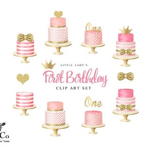 Cake clip art - Girl's first birthday clip art - Tiered cakes - Cake illustrations - Invitation commercial use graphics - Pink birthday cake