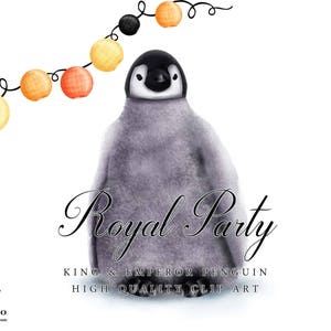 May include: A cute cartoon penguin wearing a crown, with the text "Royal Party King & Emperor Penguin High Quality Clip Art" below. The penguin is surrounded by a string of orange and yellow lights.
