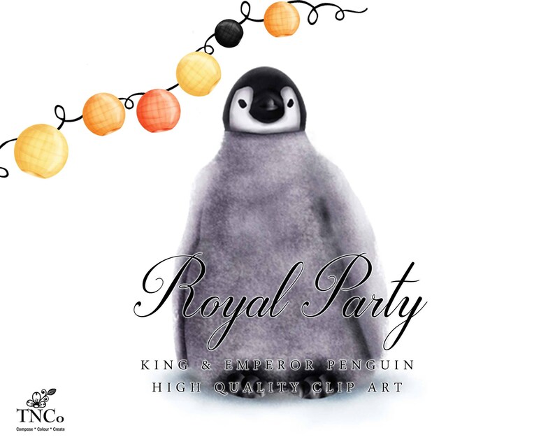 May include: A cute cartoon penguin wearing a crown, with the text "Royal Party King & Emperor Penguin High Quality Clip Art" below. The penguin is surrounded by a string of orange and yellow lights.