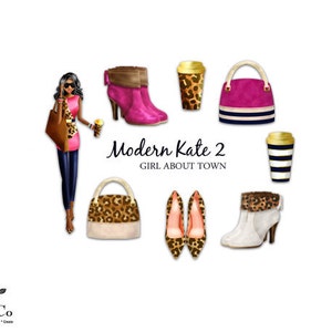 May include: A digital illustration of a woman in a pink dress and black pants holding a coffee cup and a leopard print handbag. The image also includes a pair of leopard print boots, a pair of leopard print heels, a pink handbag with a navy blue strap, and two coffee cups with leopard print and stripes.