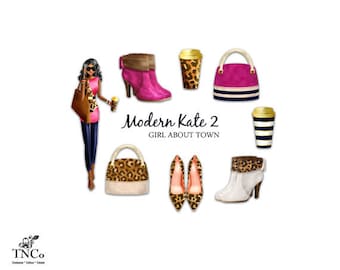 Modern Clipart - Girl clipart - Ankle boots women - Clip art commercial use - Leopard print shoes - handbag leather - planner clip art - MK