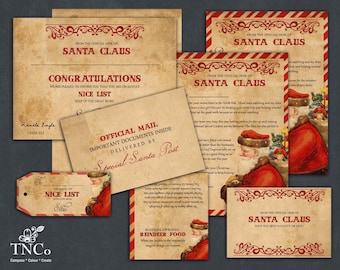 Santa letter, printable santa claus letter, reindeer food bag header, naughty or nice certificate, Christmas printables, vintage paper style