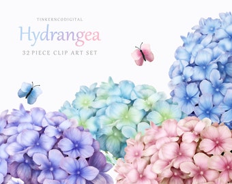 Watercolor Hydrangea clip art - Pink Flower clipart - Floral graphics - Butterfly clipart for invitations, planners and scrapbooks - TNCo