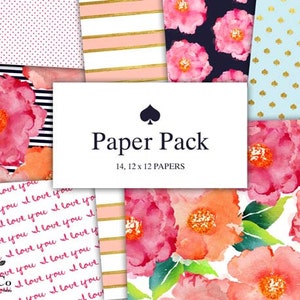 May include: A digital paper pack with 14 different designs. The designs include pink and white polka dots, pink and white stripes, a blue background with pink flowers, a white background with pink and orange flowers, and a white background with the text "you I love you" repeated in pink.